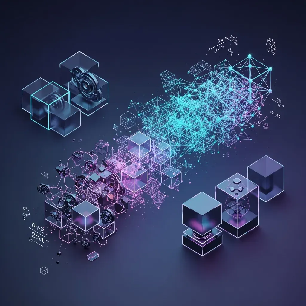 Asymmetric Cryptography - 딱딱한 기하학적 입체가 부드럽고 복잡한 격자 구조로 변하며 암호 기술의 유연한 적응력을 표현하는 추상화입니다.