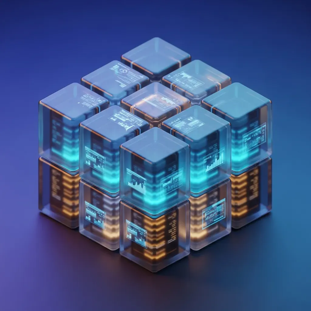 컨테이너 가상화 (Container Virtualization) - 빛나는 반투명 유리 벽이 겹겹이 쌓여 소프트웨어의 복잡한 내부 구조를 보여주는 추상적인 디지털 요새의 모습입니다.