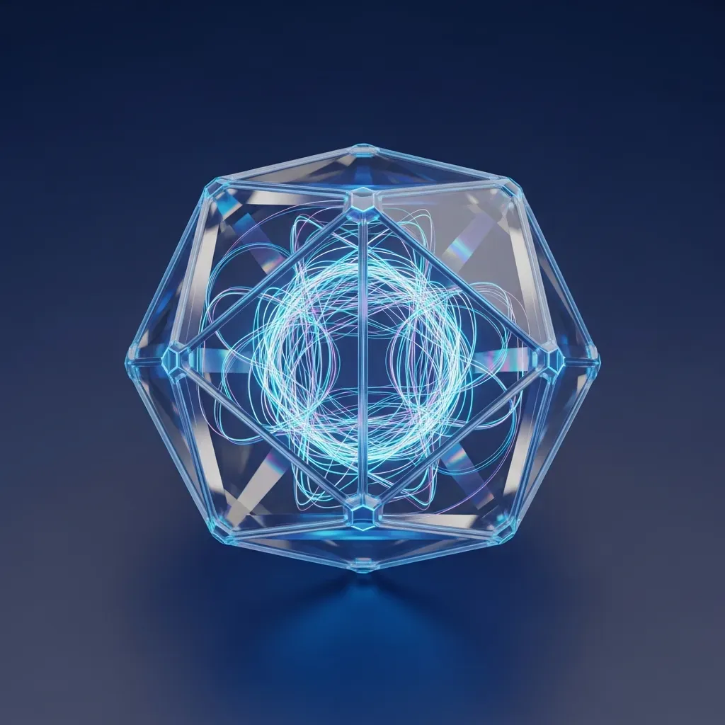 제로 트러스트 구현 - 투명한 결정체 속에서 얽혀 있는 빛나는 선들로 신원 중심의 보안 체계를 상징적으로 표현한 모습입니다.