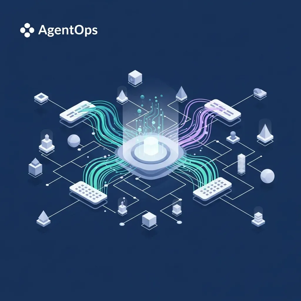 AgentOps - 복잡하게 얽힌 데이터의 흐름을 빛나는 인간의 손길이 직접 이끌며 관리하는 모습입니다.
