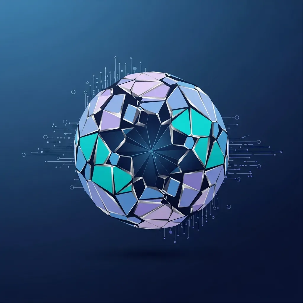 AI Agent <b>Security</b> - 왜곡된 이진 코드가 비치는 깨진 수정 구슬을 짙은 파란색과 은색으로 표현한 추상적인 모습입니다.