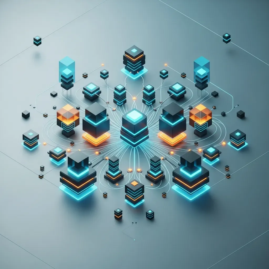 서버리스(Serverless) 아키텍처 기반의 마이크로서비스 확장성 최적화 - 빛나는 선으로 연결된 투명한 결정체들을 통해 복잡한 시스템 내부의 연결 관계와 그 취약성을 표현한 그림입니다.