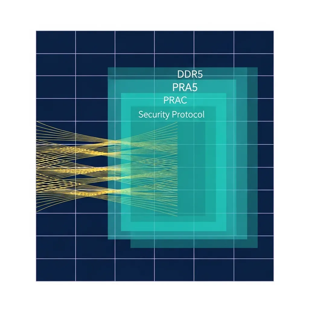 <b>Rowhammer</b> - 금빛 데이터 흐름이 디지털 보안망을 뚫고 나아가는 사이버 보안의 회복력을 추상적으로 표현한 모습입니다.