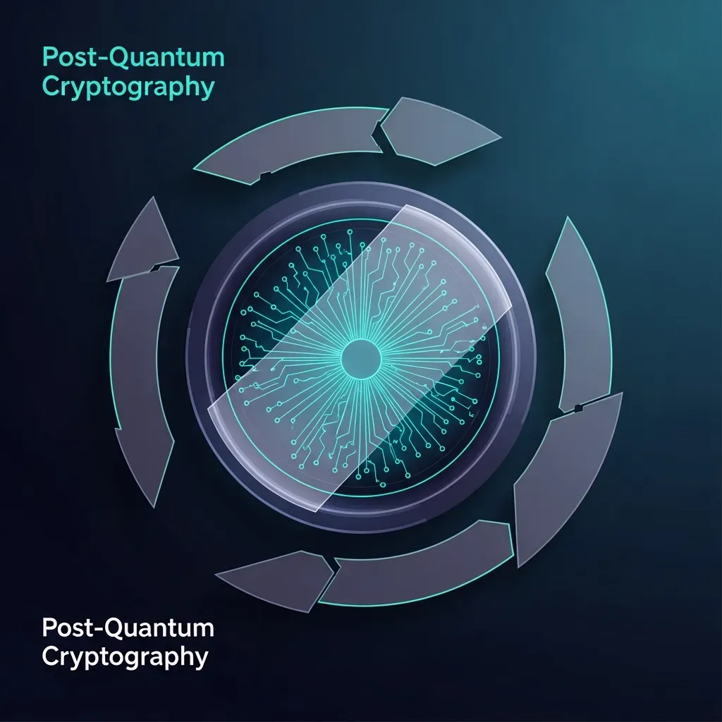 Post-Quantum Cryptography - 암호화 기술을 상징하는 빛나는 회로가 중심에 있고, 가장자리에는 디지털 서명 누락을 나타내는 미세한 균열이 있는 유리 질감의 디지털 금고입니다.