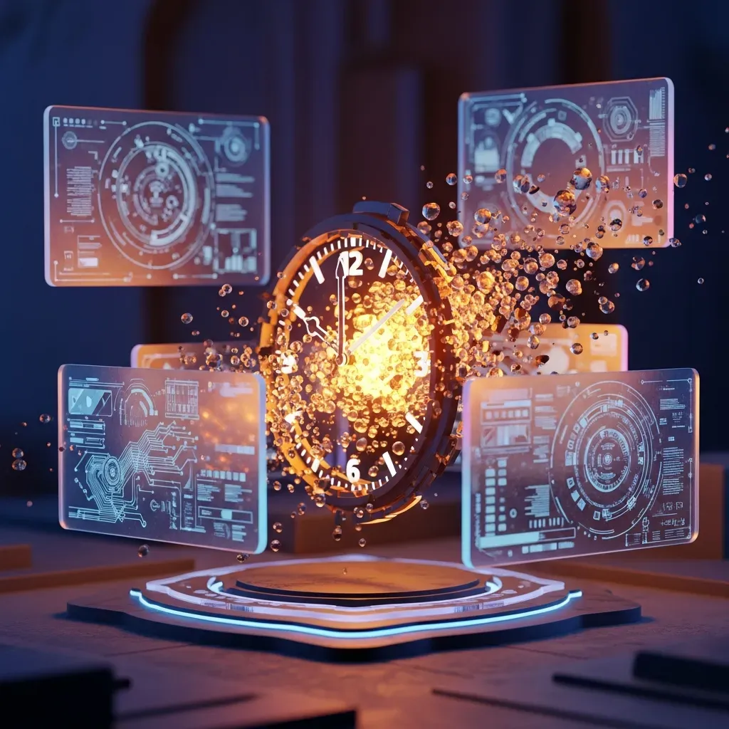 Multi-Token Prediction (MTP) - 가속된 시간을 상징하며 시계가 빛의 입자로 산산조각 나고 수학 공식이 새겨진 유리창이 겹쳐진 모습입니다.