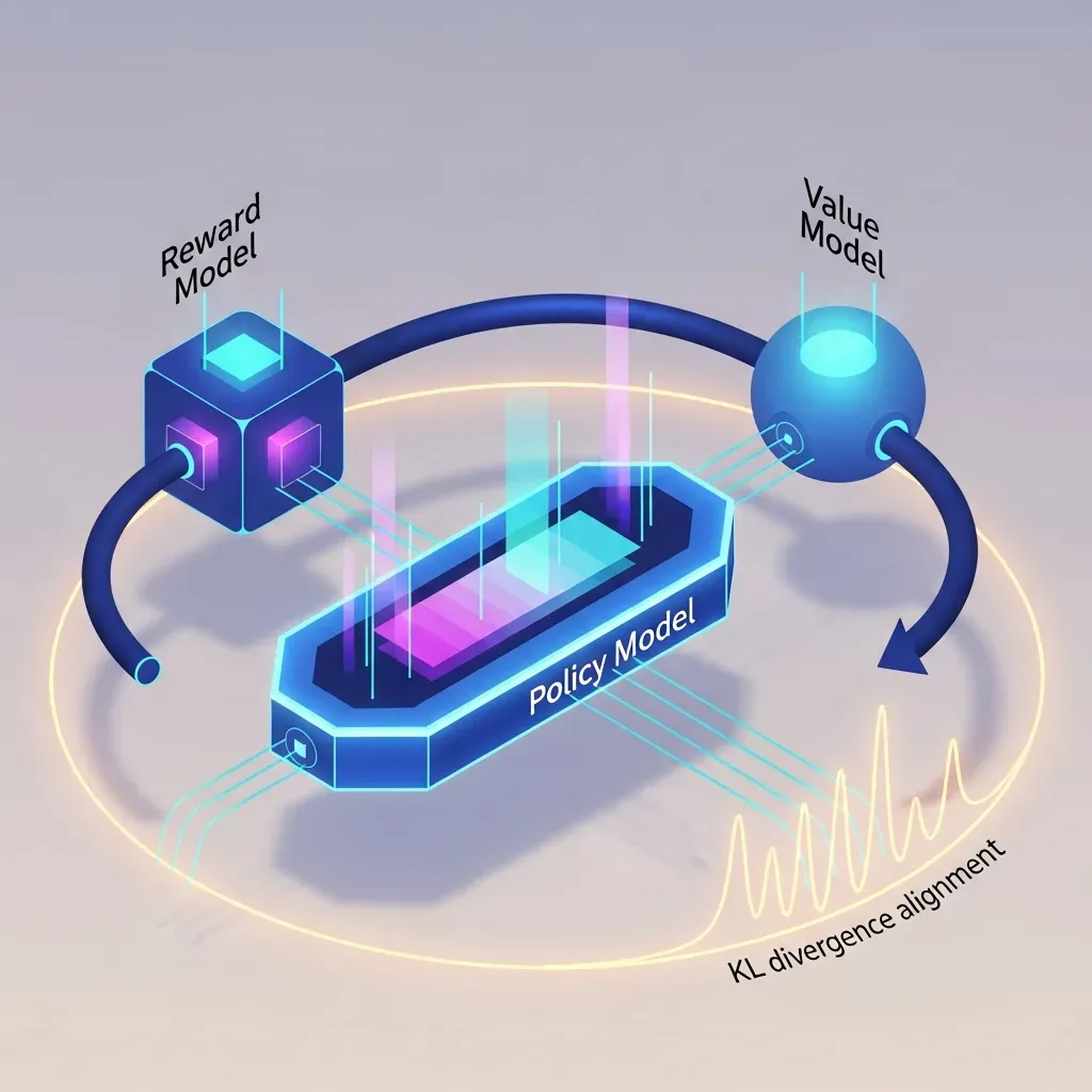 <b>RLHF</b> (Reinforcement Learning from Human Feedback) - PPO 알고리즘에서 여러 모델이 서로 정보를 주고받으며 학습의 변화를 안정적으로 조절하는 과정을 나타낸 순서도.