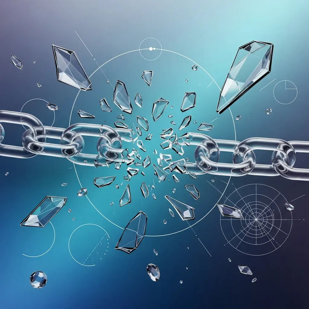 Public Key Cryptography - 부드러운 푸른 빛이 감도는 공간에서 무거운 유리 사슬이 스스로의 무게를 이기지 못해 산산조각 나는 모습으로 보안 시스템의 취약성을 표현했습니다.