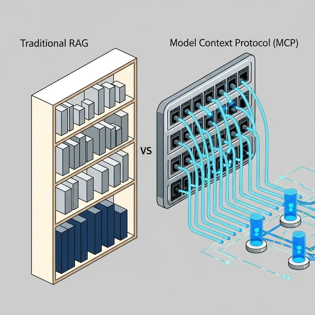 <b>MCP</b> (Model Context Protocol) - 정적인 책장으로 비유된 RAG와 고속 광케이블 장치로 비유된 MCP의 차이를 비교하여 보여주는 개념도입니다.