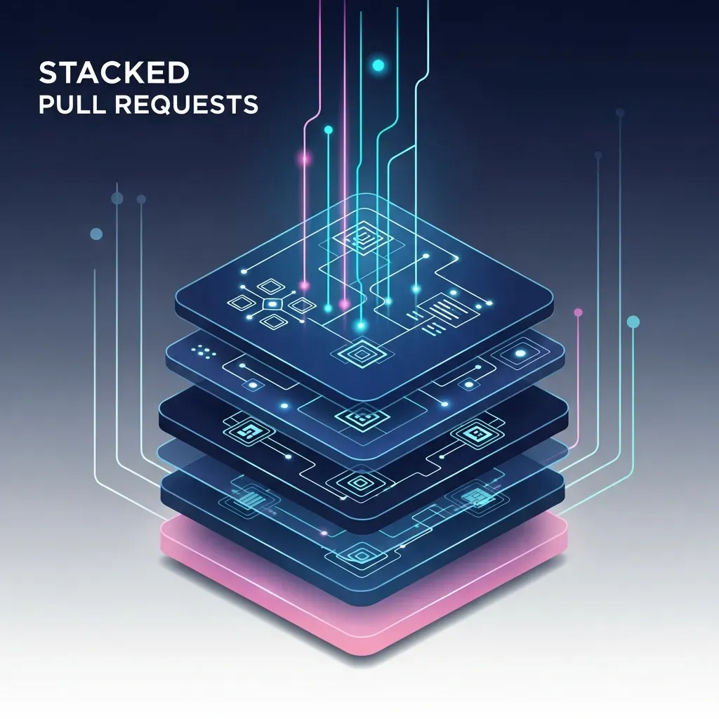 Stacked PRs - 개발자가 빛나는 키보드 앞에서 복잡하게 얽힌 여러 개발 경로들이 하나로 합쳐지는 화면을 바라보고 있는 모습입니다.