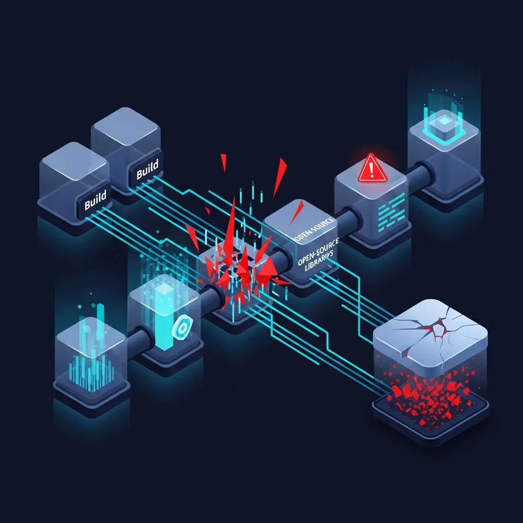 Software Supply Chain <b>Security</b> - 소프트웨어 개발 과정과 외부 라이브러리를 통해 보안 위협이 유입되어 최종 결과물에 취약점이 생기는 과정을 보여주는 도표.