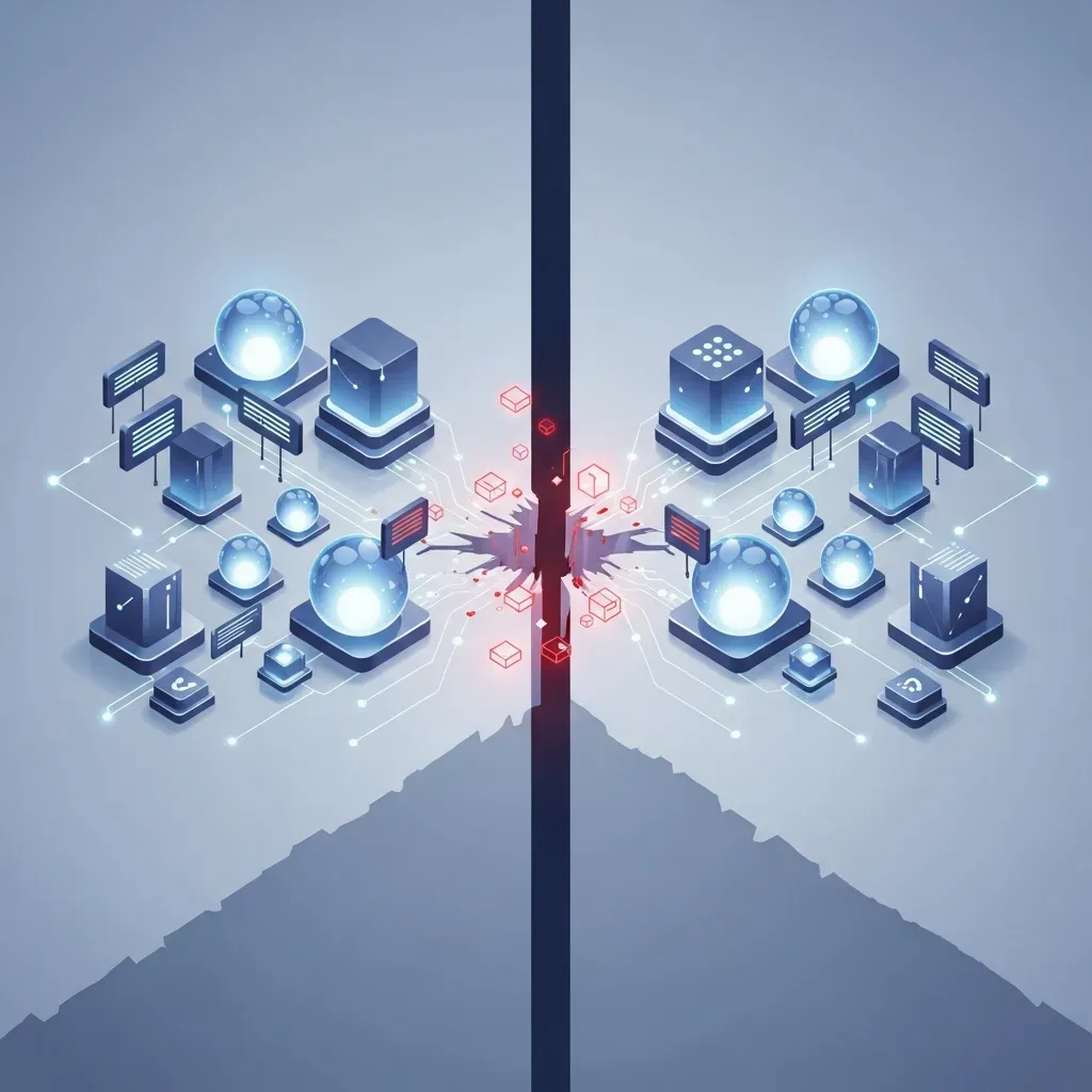 CAP Theorem - 분산된 네트워크가 두 그룹으로 분리되어 서로 연결되지 못하고 통신이 끊긴 모습입니다.