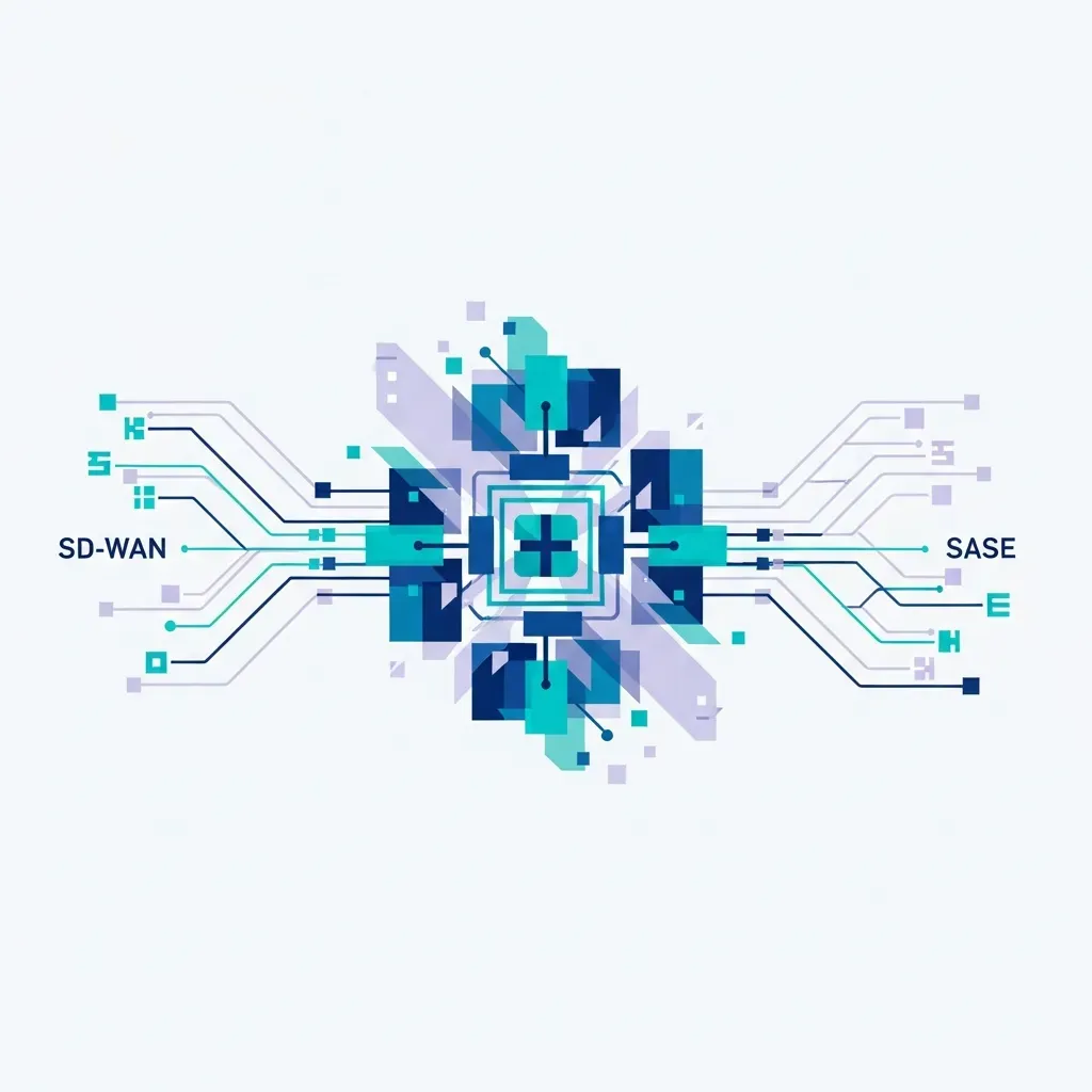 SD-WAN에서 SASE(Secure Access Service Edge)로의 진화 방향 - 단단한 금속 블록과 투명한 유리 파도가 어우러진 건축물을 통해 '주권적 하이브리드 거버넌스'라는 개념을 형상화한 모습입니다.