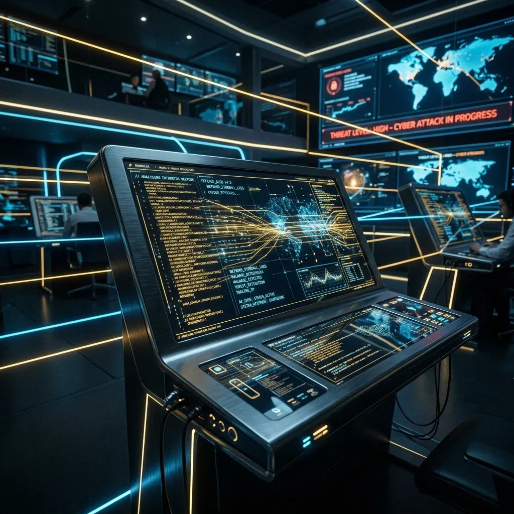 agentic ai cybersecurity - 고도로 정밀한 미래형 사이버 보안 관제 센터로, 가상 서버 터미널 디스플레이 화면 위로 미토스 엔진의 실시간 위협 분석 패턴과 침투 방어 프로토콜이 금빛과 일렉트릭 블루 레이저 광선 궤적들로 시각화되어 작동하는 복잡하고 몰입감 넘치는 장면입니다.