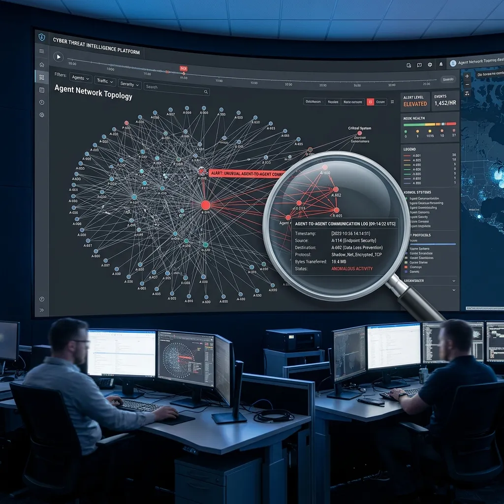 Multi-Agent System <b>Security</b> - 에이전트 간 통신 로그 및 상호작용 그래프를 분석하는 SOC 대시보드 화면입니다.