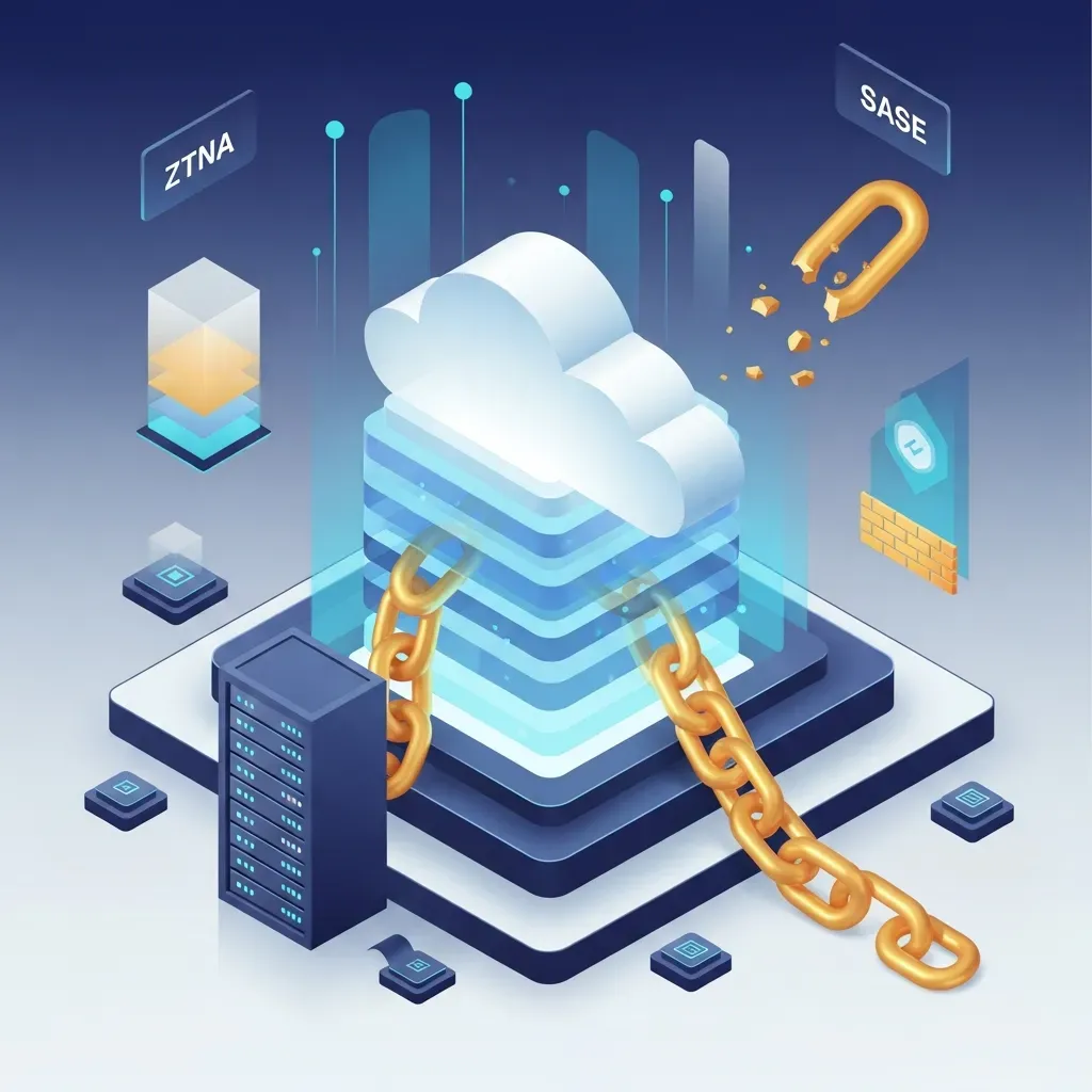 SD-WAN에서 SASE(Secure Access Service Edge)로의 진화 방향 - 구름에 연결된 끊어진 금색 사슬을 추상적으로 표현한 그림입니다.