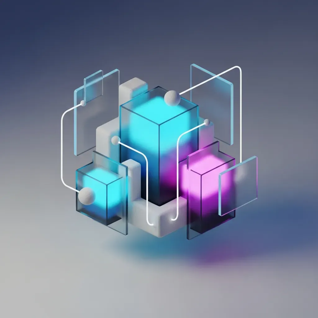 Distributed Consensus - 정족수 제한이라는 개념을 상징하는, 반투명 유리판으로 만들어진 공중에 떠 있는 기하학적 형태의 감옥입니다.