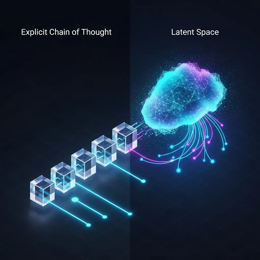 잠재 공간 추론 (Latent Space Reasoning) - 명시적 추론(Explicit CoT)과 잠재 공간 추론의 구조적 차이를 비교한 그림입니다.