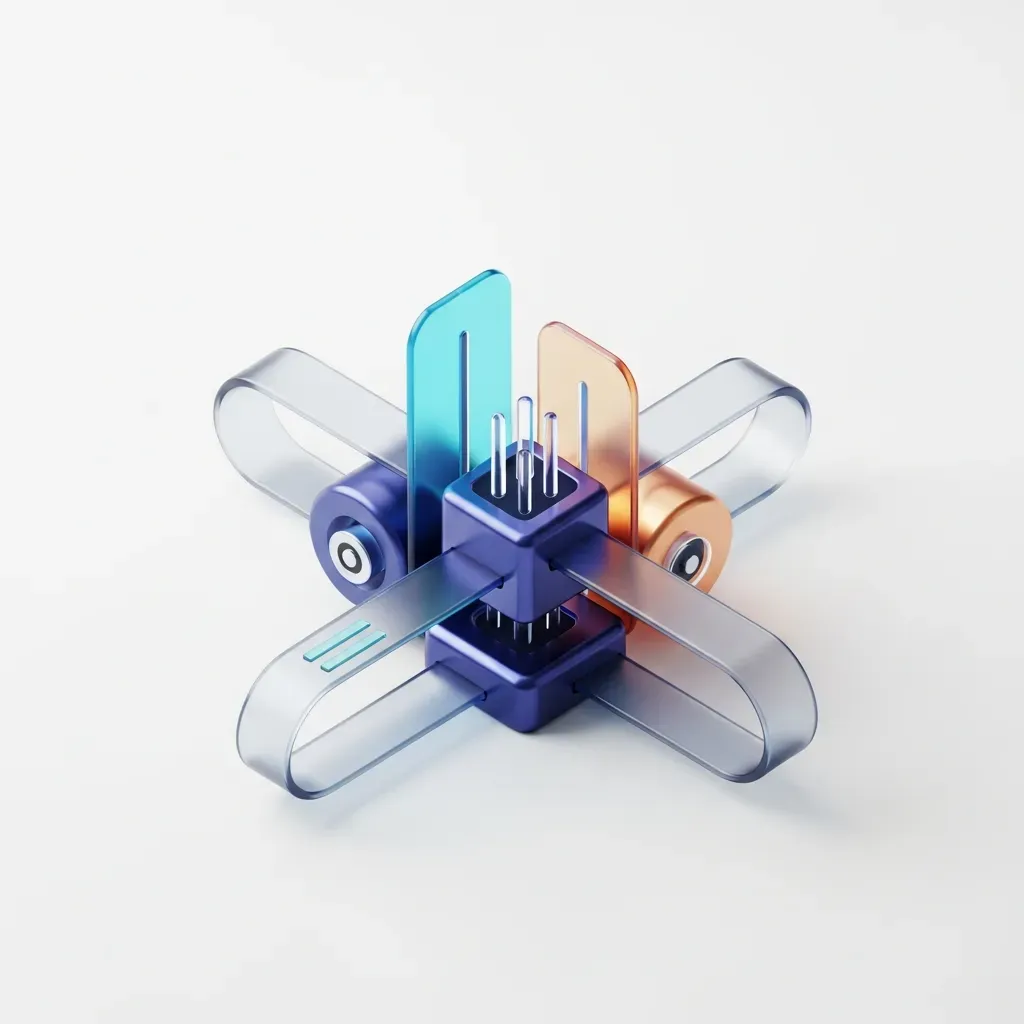 Service Worker Architecture - 반투명한 유리 끈으로 연결된 지점들 사이로 데이터가 원활하게 흐르는 모습을 표현한 깔끔한 그림입니다.