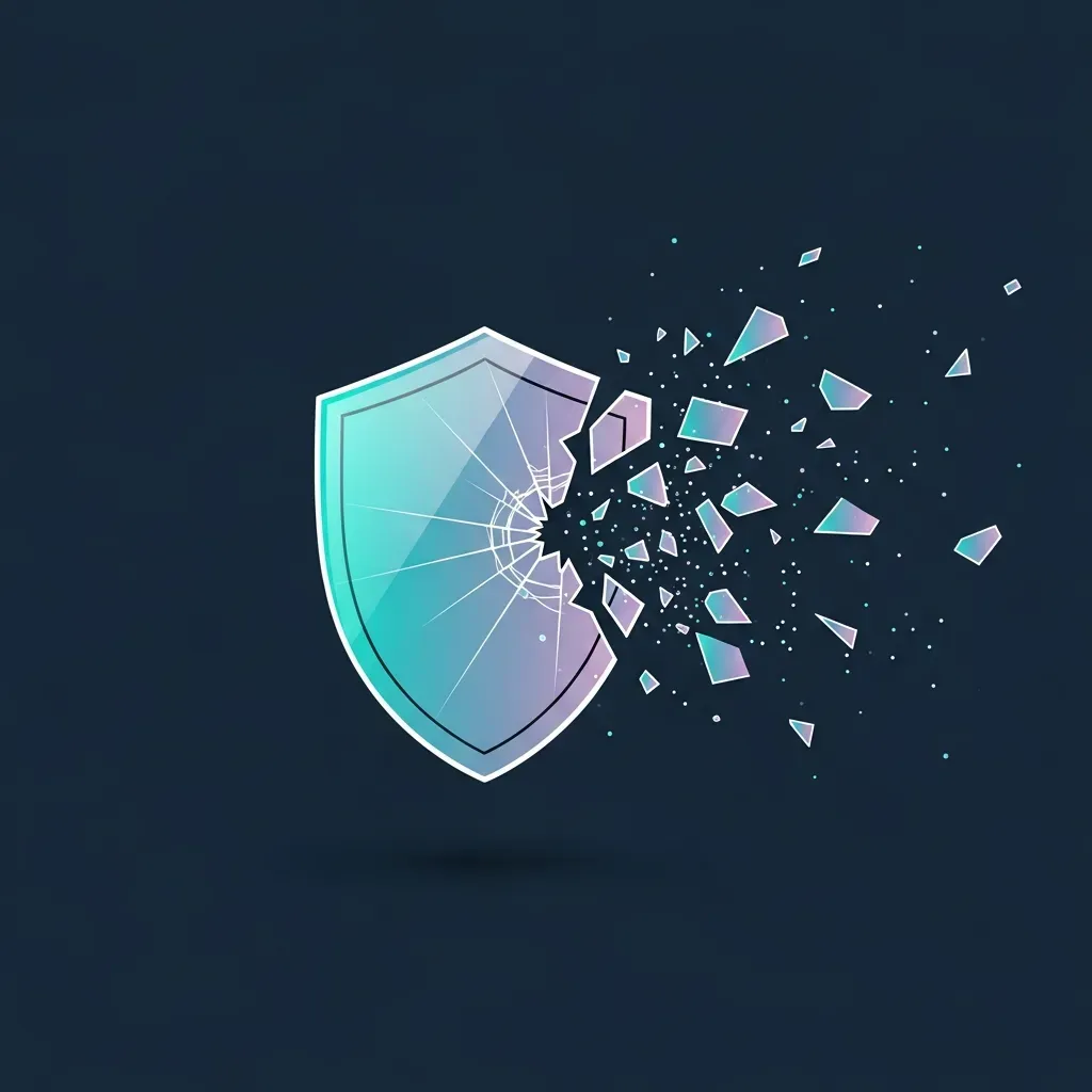 CNAPP(Cloud-Native Application Protection Platform) 통합 보안 아키텍처 - 중앙 집중식 보안 시스템의 취약성을 나타내기 위해 유리 방패가 디지털 입자로 산산조각 나는 모습입니다.