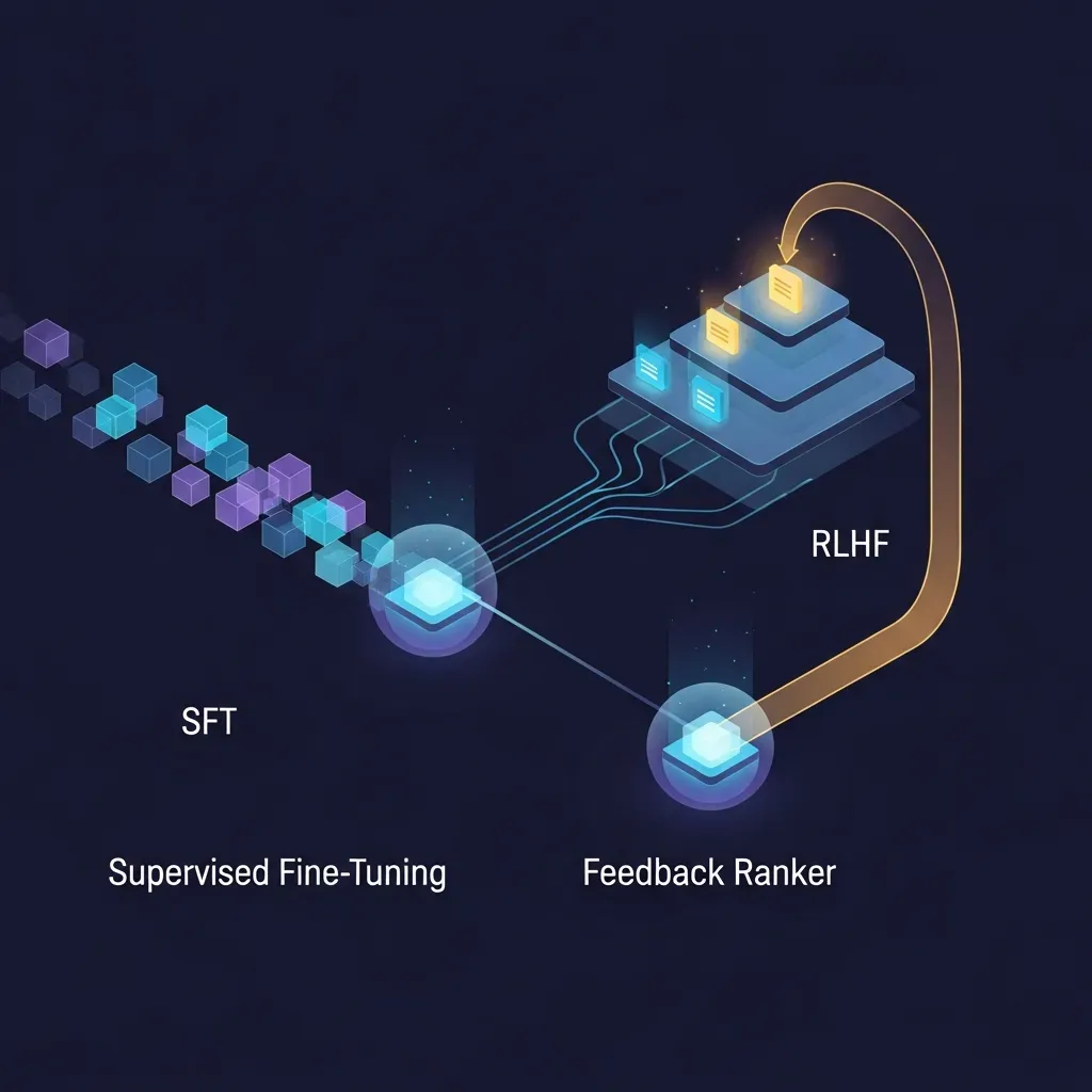 <b>RLHF</b> (Reinforcement Learning from Human Feedback) - 사람이 작성한 답변을 직접 학습하는 방식과 여러 결과물의 순위를 매겨 개선하는 방식의 구조적 차이를 비교한 그림