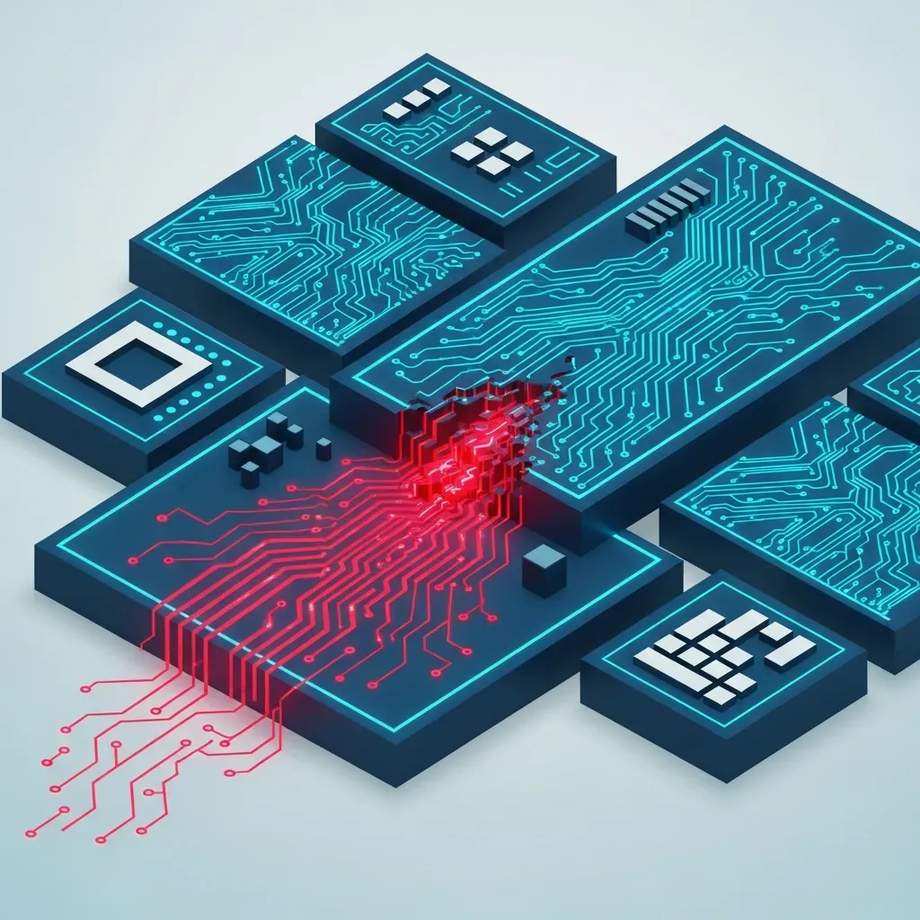 Memory Safety - 메인보드 위에서 끊어진 코드 선들 사이로 붉은 빛이 새어 나와 시스템 보안 오류인 버퍼 오버플로우가 발생한 모습을 표현했습니다.