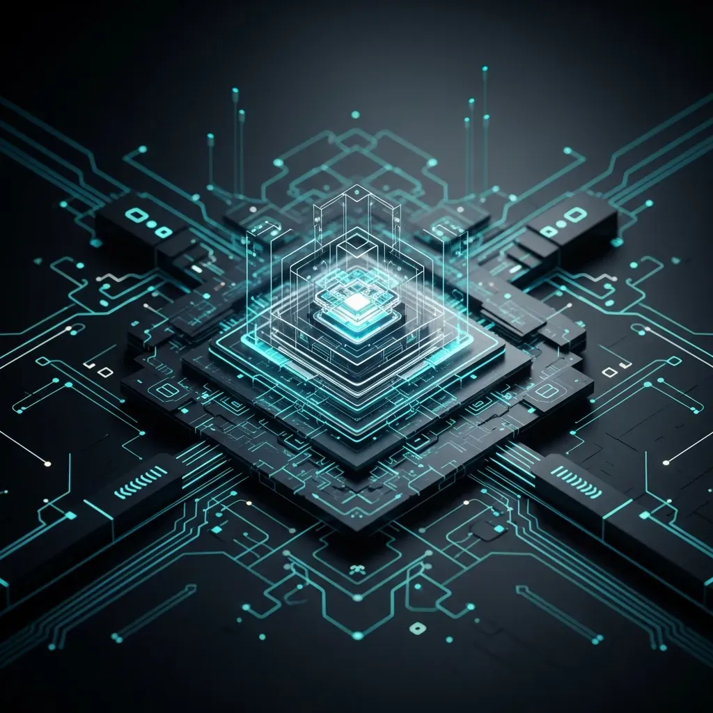 <b>Kubernetes</b> Gateway <b>API</b> - 서로 얽힌 광섬유 케이블이 어두운 배경 속에서 빛나는 기하학적 데이터 구조로 변해가는 모습입니다.