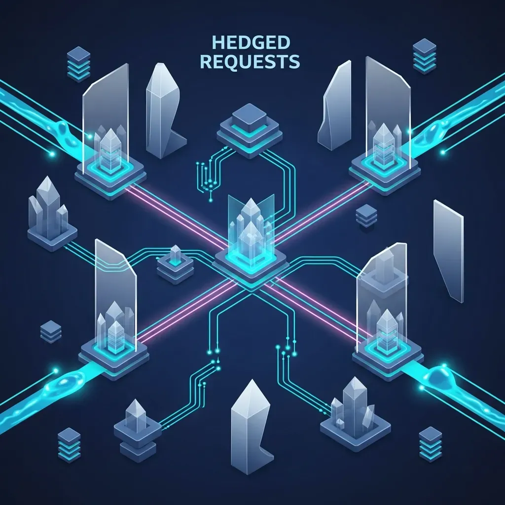 Hedged Requests - 복잡한 네트워크 속 데이터가 흐르는 모습을 투명한 유리 조각과 빛나는 액체를 활용해 남색과 청록색으로 표현한 그림입니다.