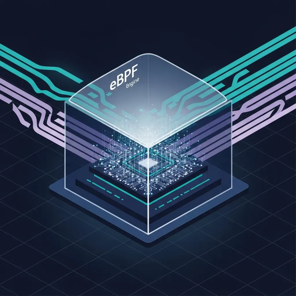 eBPF 기반 클라우드 네이티브 관측성(Observability) 혁신 - eBPF의 투명성과 그 이면의 복잡한 구조를 데이터 흐름이 굴절되는 디지털 유리 프리즘으로 표현한 모습입니다.