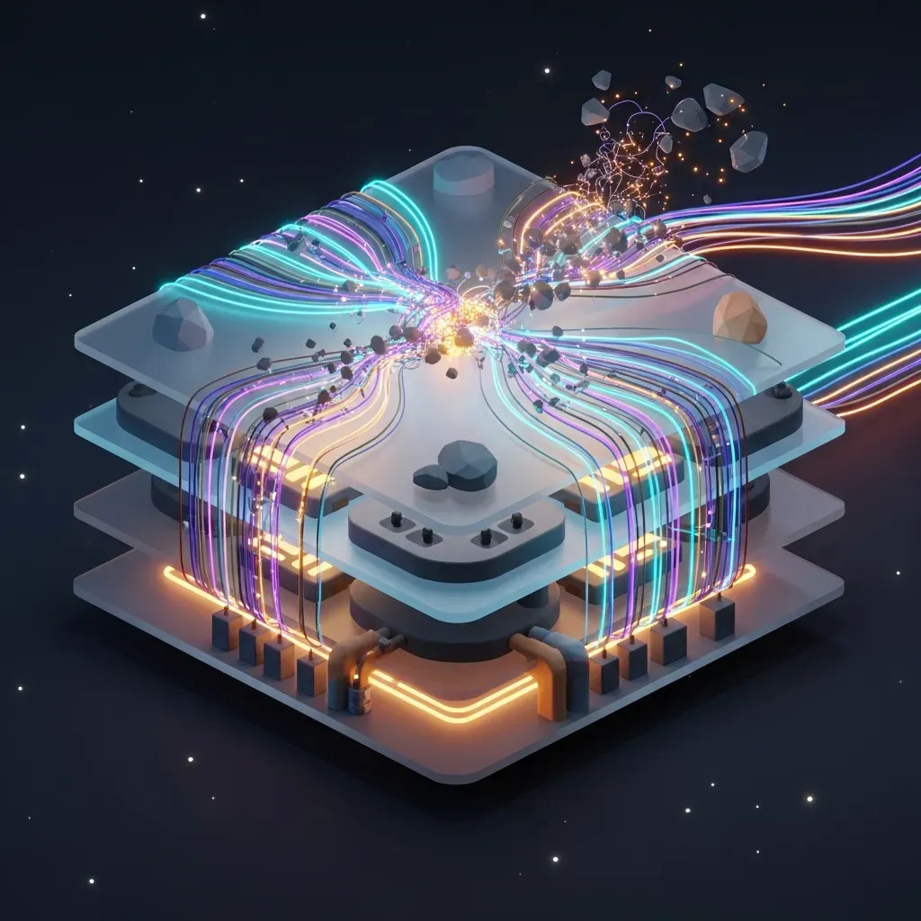 Agentic AI Infrastructure - 어두운 우주 배경에서 빛나는 신경망과 데이터 흐름이 엉키고 끊어진 모습을 추상적인 형태로 표현한 것입니다.