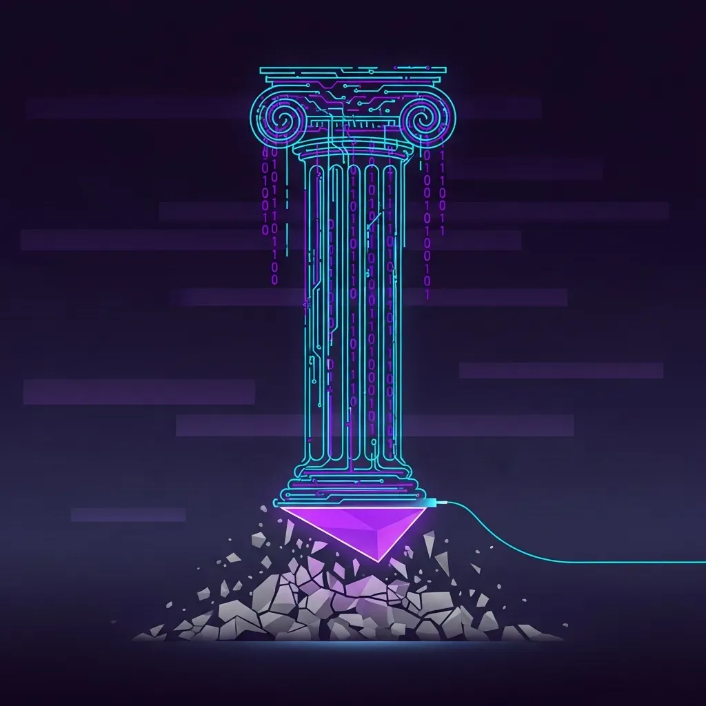 Stacked PRs - 빛나는 코드로 된 기둥을 사람의 손이 겨우 지탱하는 모습은, 개인의 수동 작업에 의존하는 복잡한 개발 과정이 얼마나 위태로운지를 보여줍니다.
