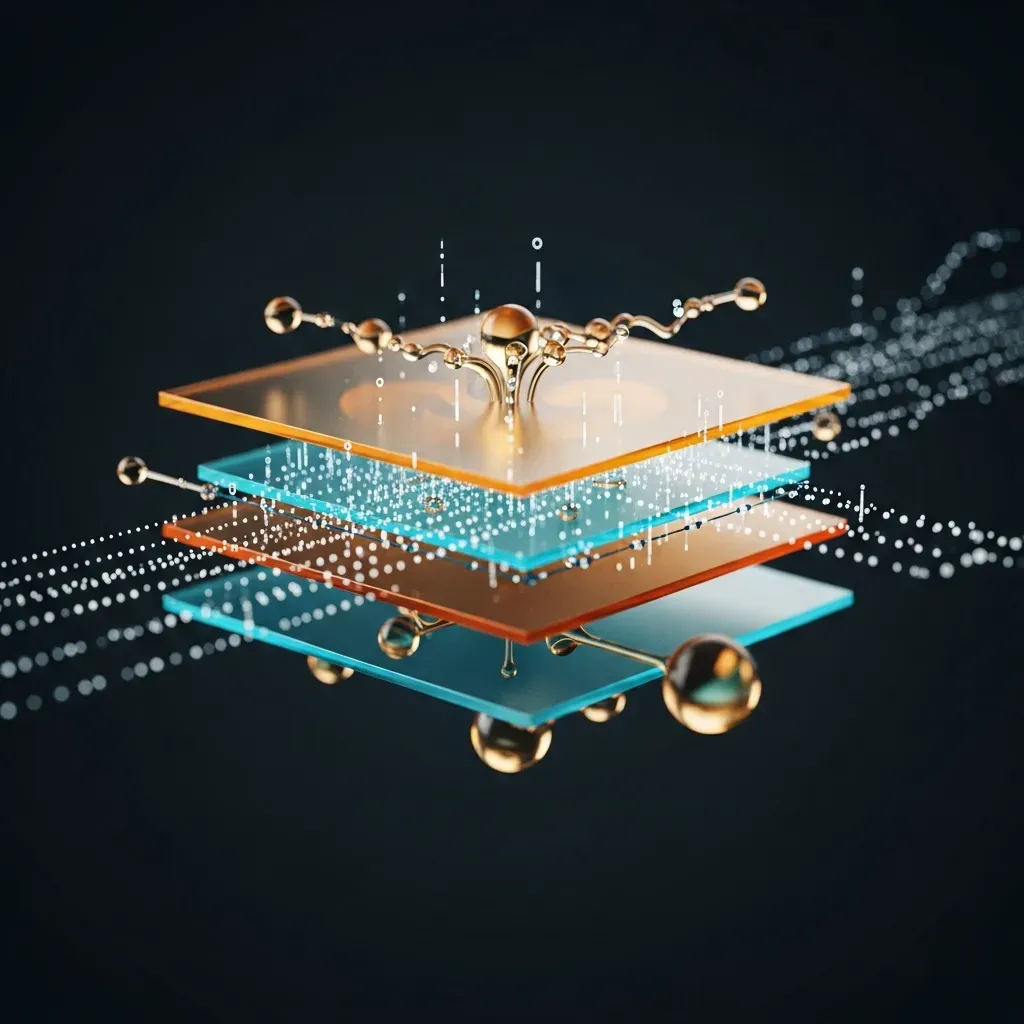 <b>Kubernetes</b> Gateway <b>API</b> - 주황색과 청록색으로 빛나는 반투명한 판들이 서로 우아하게 교차하며 네트워크의 단계별 구조를 추상적으로 보여주는 모습입니다.