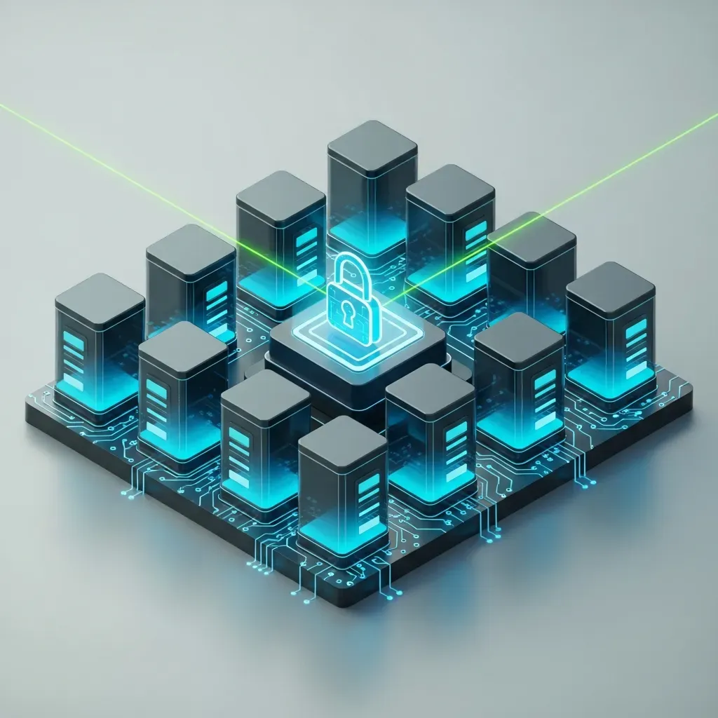 Containerization - 회로 기판이 결합된 디지털 자물쇠와 레이저 스캐너가 줄지어 있는 <b>컨테이너</b>들을 끊임없이 점검하며 보안을 유지하는 모습입니다.