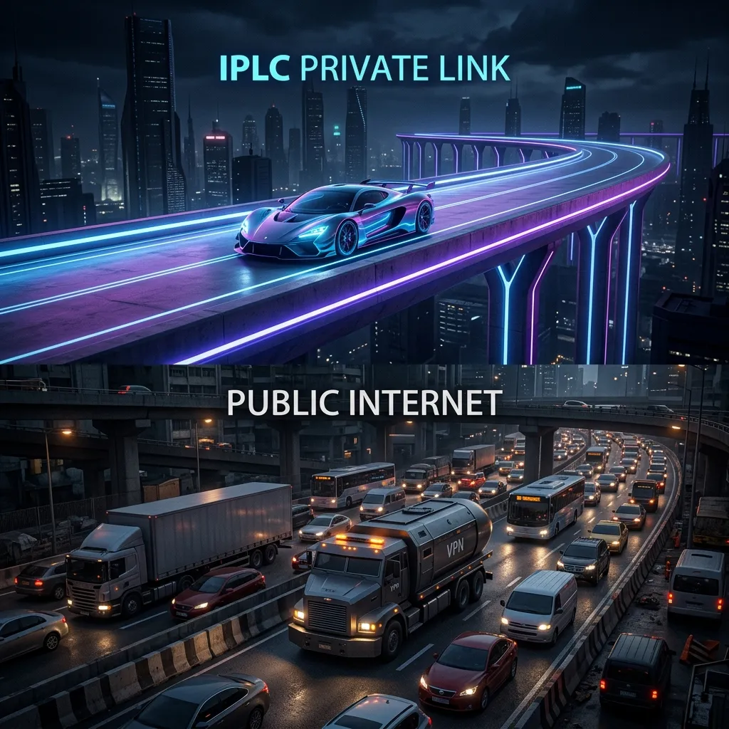 사설 레이싱 전용 트랙(IPLC)과 공용 도로 위 안전한 장갑 경호 차량(VPN)의 직관적 원리 비교