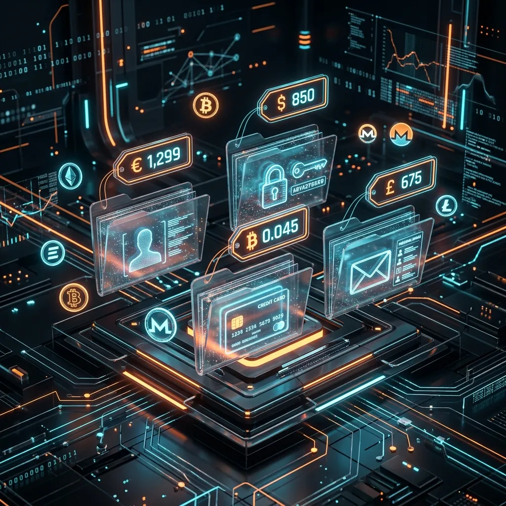 darkweb market hero - 어둡고 미래 지향적인 분위기 속에서 네온 오렌지와 사이언 블루로 발광하는 디지털 지하 시장의 전경입니다. 유리 상자 안에 여권, 신용카드, 소셜 미디어 아이콘들이 가격표가 붙은 채 보관되어 있고 주위로 암호화폐 기호가 떠다닙니다.