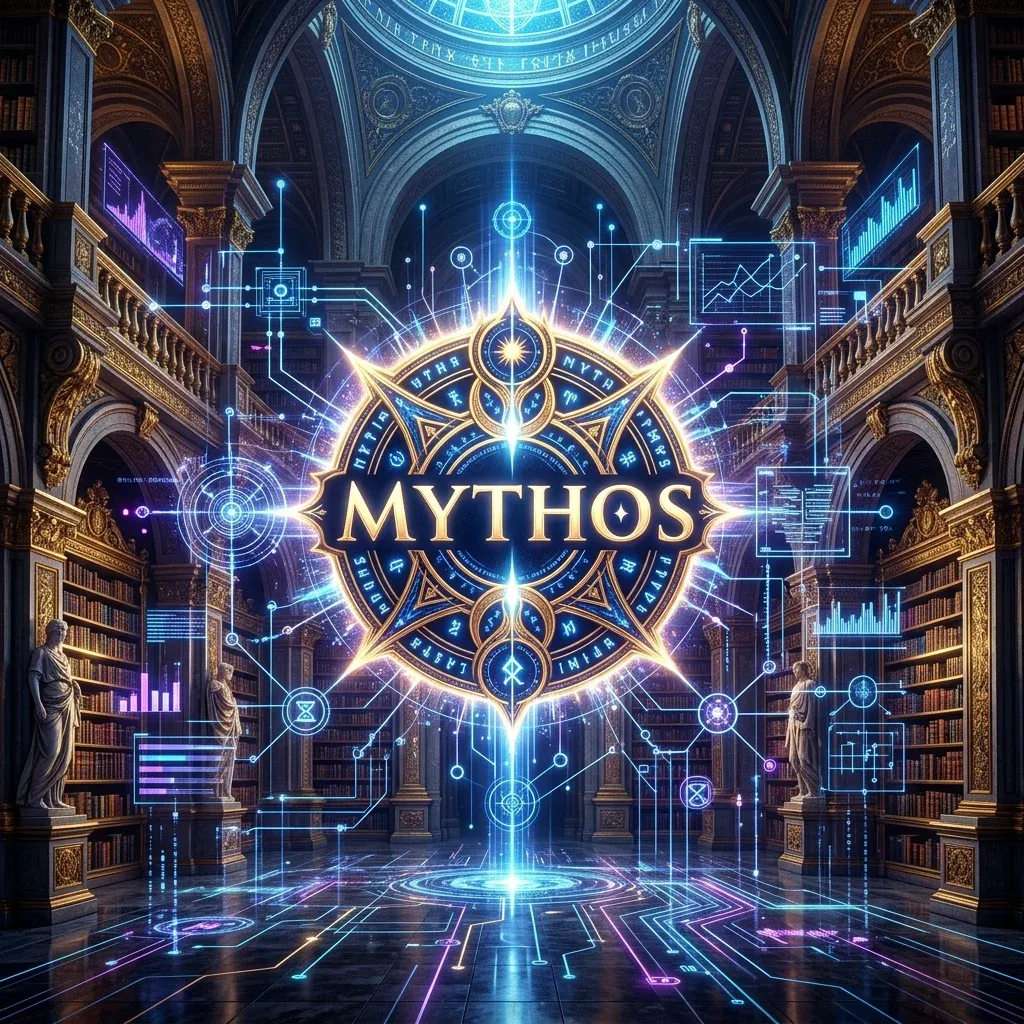 claude mythos metr - 장엄하고 미래 지향적인 사이버 네틱 아트 일러스트레이션으로, 황금빛 네온 빛이 흐르는 고대 도서관과 디지털 홀로그램 매트릭스가 융합된 중앙에 'MYTHOS'라는 글자가 위엄있게 빛나며 복잡한 자율 평가 네트워크에 연결되어 있는 웅장한 장면입니다.