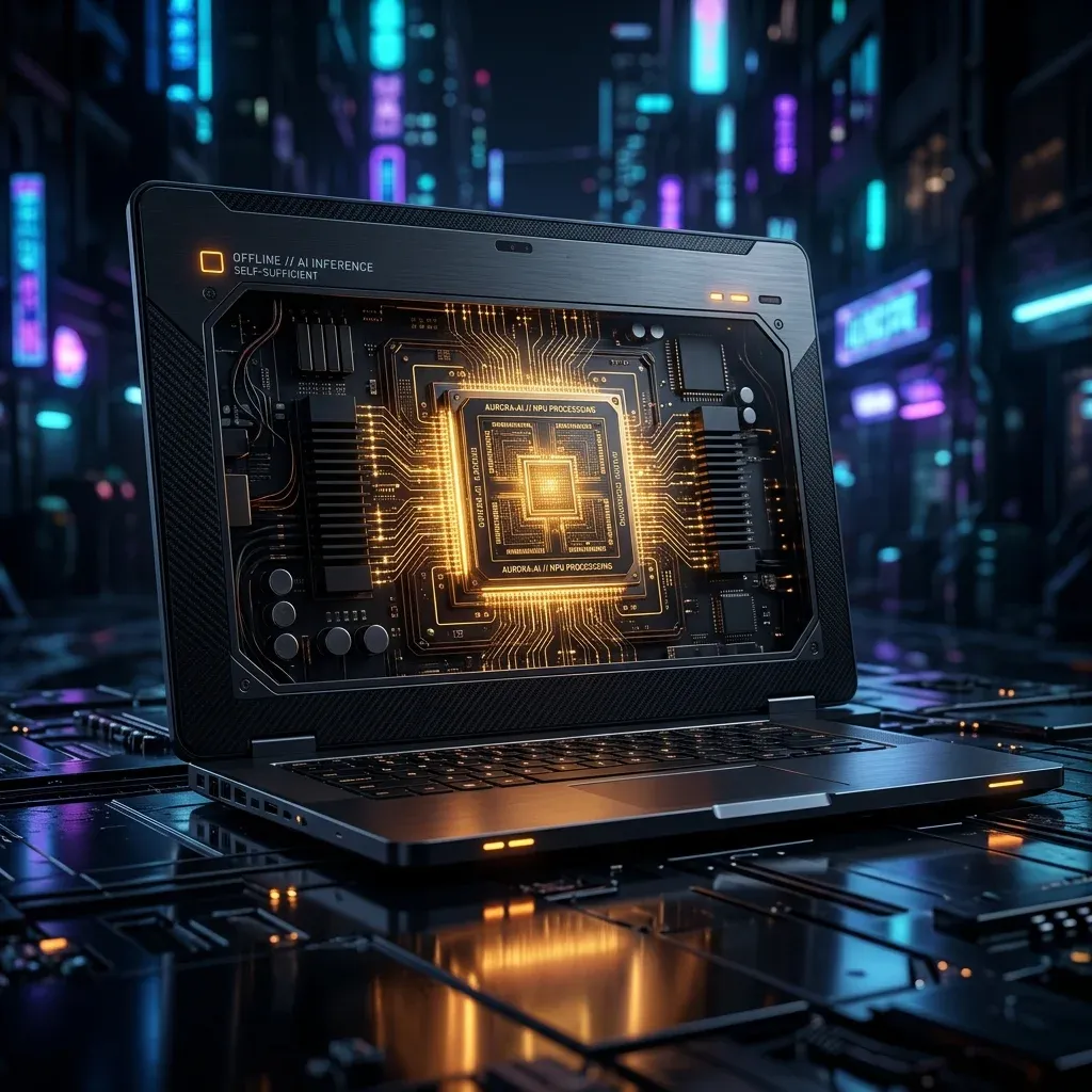 on device ai private - 인터넷 네트워크 연결선이 완전히 끊겨 완전히 오프라인 상태인 노트북 내부에서 다크 골드 톤으로 반짝이며 스스로 추론 연산을 수행하는 세련된 인공지능 CPU 프로세서 칩셋입니다.